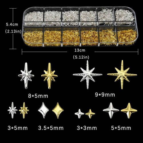 OPMADM 2500Pcs Star Nail Charms, Silver & Gold Nail Charms Bulk for DIY 3D Nail Art Charms & Charms for Nails Design
