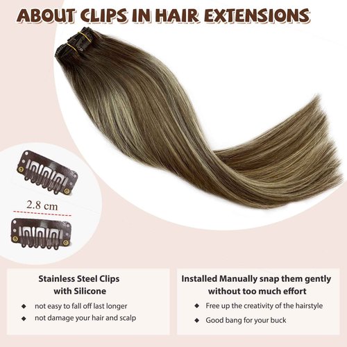 Clip in Hair Extensions, 18 inch Clip in Hair Extensions Real Human Hair, 7PCS Ombre Highlight Ash Blonde Clip in Hair Extensions, 70g Seamless Clip ins Human Hair