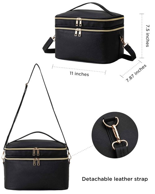 HBlife Extra Large Double Layer Travel Makeup Bag Portable Leather Cosmetic Bag Make Up Bag Makeup Case Organizer Toiletry Bag for Women Girls with Handle, Removable Divider and Shoulder Strap (Black)