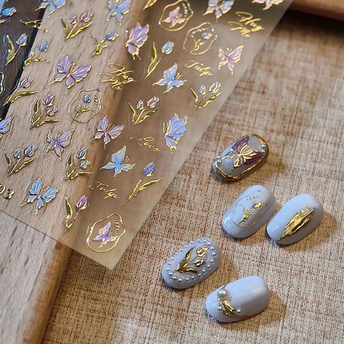 1 Sheets Spring Nail Decals for Nail Art Bronzing Flower Nail Art Stickers Self-Adhesive Butterfly Nail Decals Gold Butterfly Floral Nail Design Decals for Women Nail Supplies