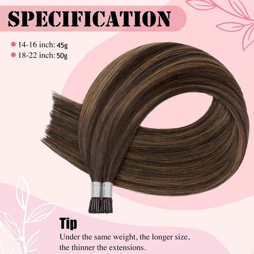 Senmy Itip Hair Extensions Real Human Hair Dark Brown Ombre to Ash Brown Highlight Fushion itips Hair Extensions 18inch Human Hair I Tip Extensions 50g Real Human Hair Extensions