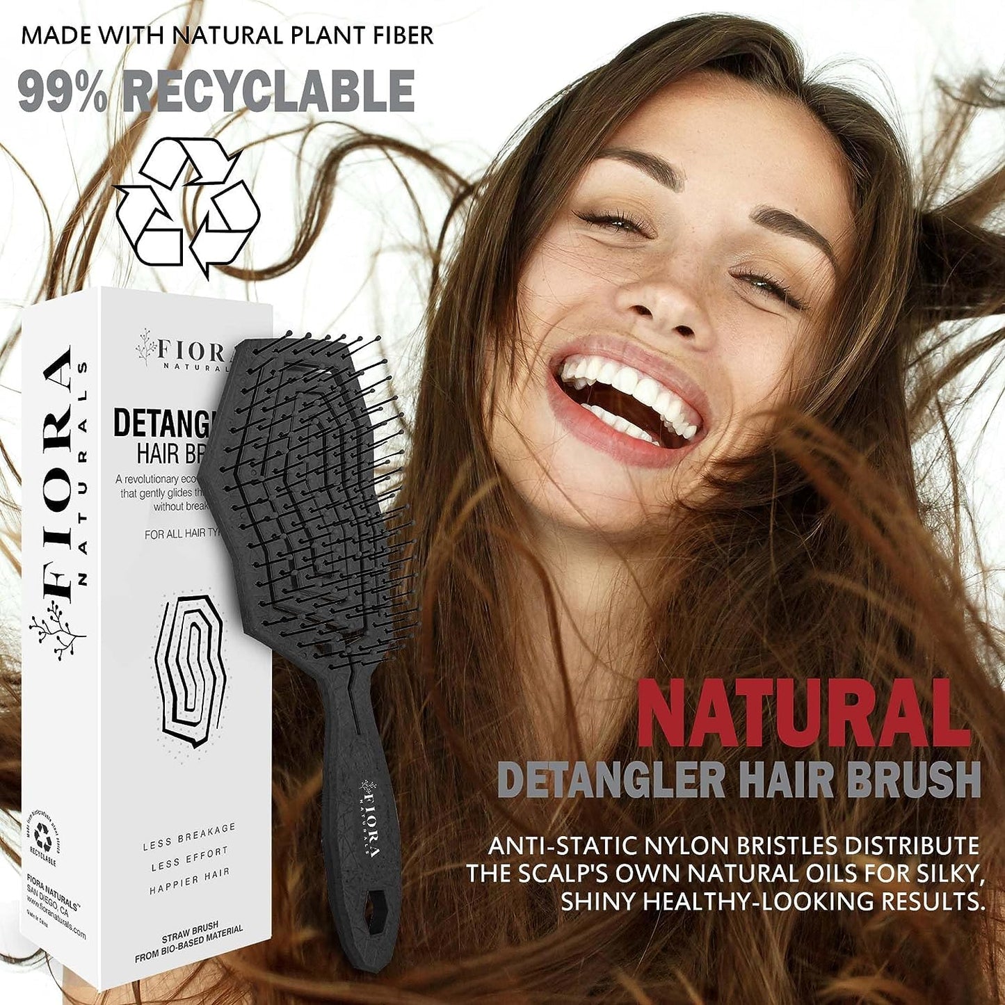 Fiora Naturals Hair Detangling Brush -100% Bio-Friendly Detangler hair brush w/Ultra-soft Bristles- Glide Through Tangles with Ease - For Curly, Straight, Women, Men, Kids, Toddlers, Wet and Dry Hair