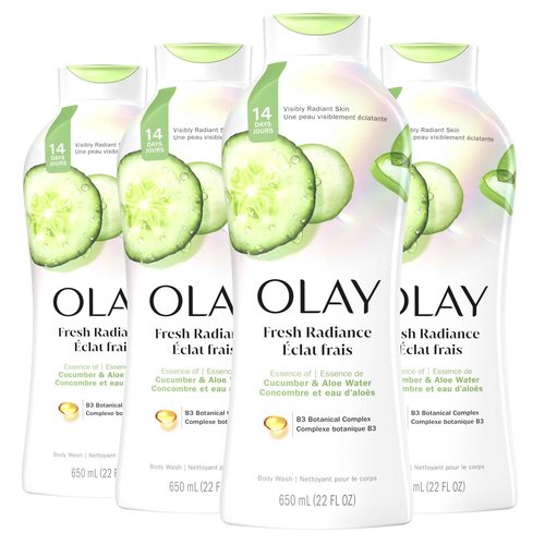 Olay Body Wash for Women, Fresh Radiance, Refreshing & Renewing, Made with Plant Based Cleansers, B3 Botanical Complex, For All Skin Types, Cucumber & Aloe Water Scent, 22 fl oz (Pack of 4)