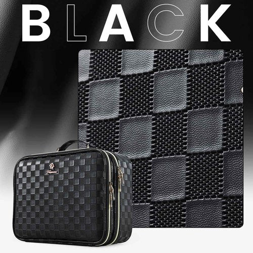 Makeup Bag with LED Lighted Mirror 12.2 IN Travel Double Layer Makeup Case Adjustable Brightness in 3 Colors Cosmetic Organizer Artist Storage with Dividers Brush Holder Vanity Black Checkerboard