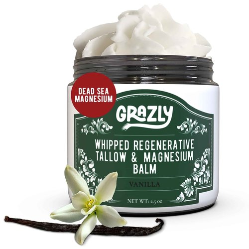 Grazly Whipped Beef Tallow for Skin w/Dead Sea Magnesium, Manuka Honey, Jojoba Oil & Vanilla - Grass Fed Beef Tallow Balm - Body & Face Moisturizer for Dry, Sensitive Skin - 2.5oz