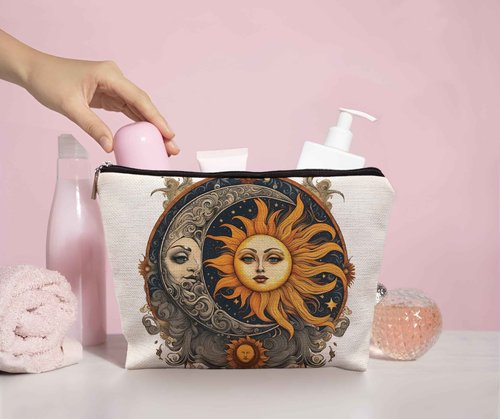 uinwk Boho Celestial Sun and Moon Makeup Pouch - Witchy, Aesthetic Cosmetic Bag for Women - Halloween Gifts