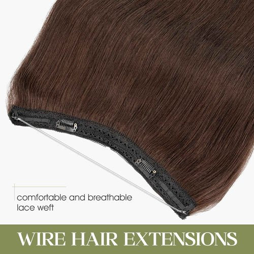 Charites Halo Hair Extensions Real Human Hair Invisible Wire Extensions with Transparent Fish Line Adjustable Size Dark Brown 12 inch