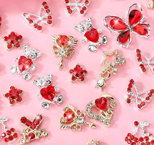 COOSLIM 24PCS Red Nail Charms Y2k Alloy Nail Art Rhinestone Charms 3D Heart Star Sailor Moon Nail Charms with Rhinestones Bear Cherry Nail Gems Shiny Jewelry Nail Decorations Supplies C