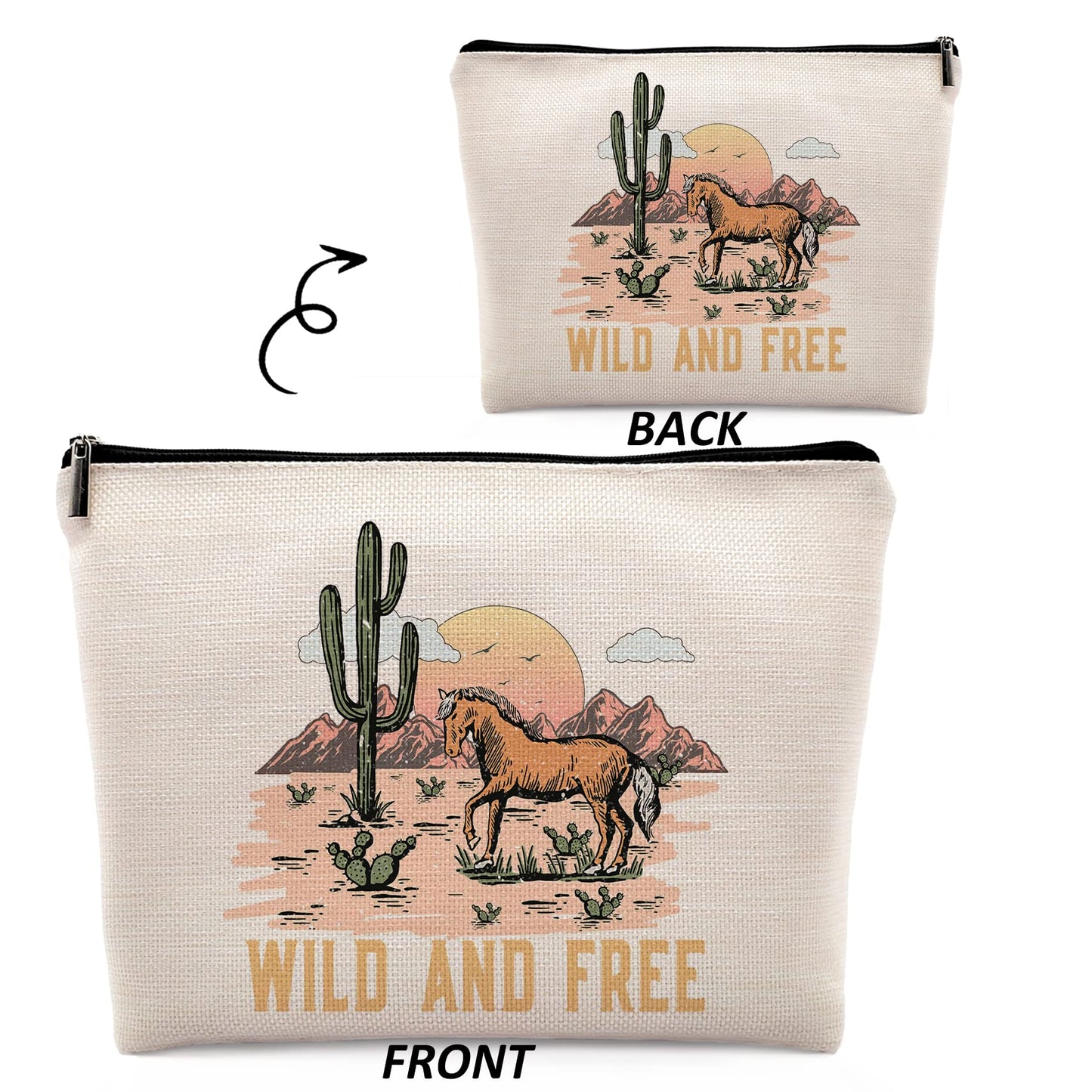 Dwept Wild and Free Cowgirl Cosmetic Bag, Wild West Retro Western Horse Cactus Desert Makeup Bag Zipper Cosmetic Pouch Bag Travel Linen Makeup Organizer, Cowgirl Gifts for Women Girls Teen Girls Her