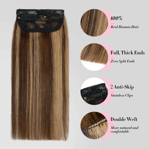 Clip in Short Hair Extensions Real Human Hair,Prokyvity Invisible Human Hair Clip in Extensions Short,(6inch&8inch)4 pieces Mini Extensions for volume or highligh,Medium Brown Mixed Dark Blonde
