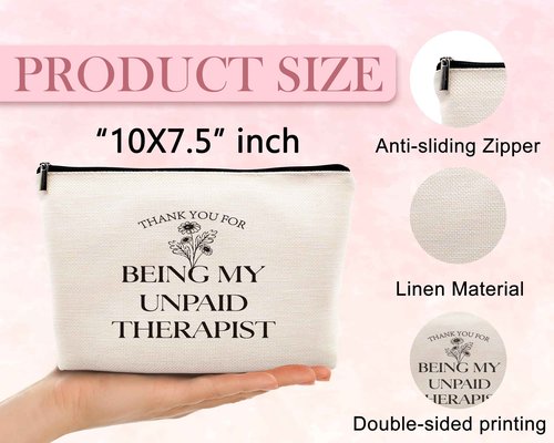 kdqua Thank You for Being My Unpaid Therapist Makeup Bag, Mental Health Therapist Gifts for Women Girls Friend Friends, Inspirational Therapist Appreciation Gifts Linen Travel Cosmetic Bag