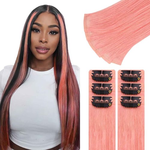 IDN BEAUTY Seamless Clip In Hair Extensions Human Hair, 20 Inch 40g 6Pcs Pink Straight Real Virgin Human Hair Seamless Clip Ins For Black Women PU Weft Invisible Edge
