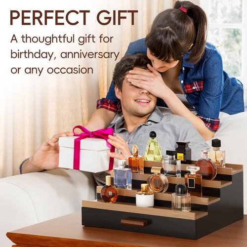 4 Tier Cologne Organizer for Men, Wooden Cologne Stand, Perfume Display Stand with Felt Lining Drawer & 2 Hidden Compartments, Gift for Men, Walnut