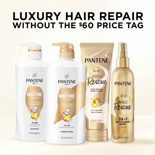 Pantene Conditioner, Daily Moisture Renewal - Pro-V Nutrients for Dry, Color-Treated, Straight to Curly Hair, 72-Hour Hydration & Softness, 25.1 Oz Each, 2-Pack + Miracle Rescue Shot (0.5 Oz)