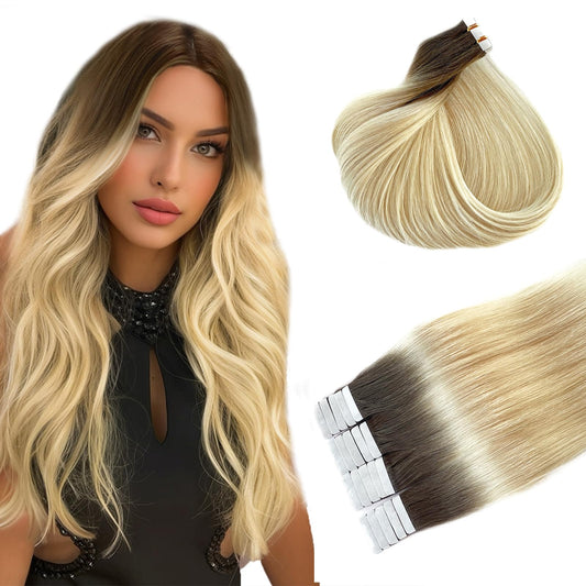 20inch Invisible Tape in Hair Extensions Human Hair Flax Brown to Platinum Blonde Tape Ins Human Hair Extensions Omber Platinum Blonde Human Hair Tape in Extensions 20pcs 50g/Pack