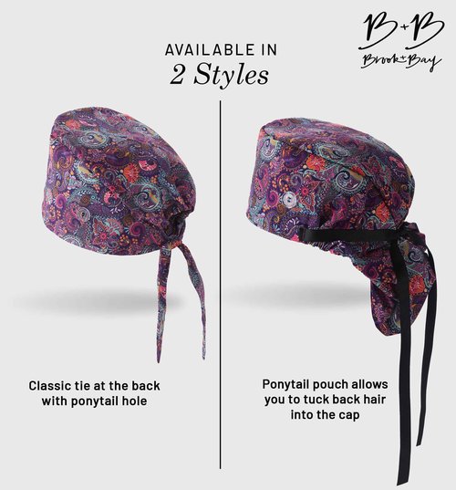 Brook + Bay Scrub Caps Women Ponytail - 2 Pack Surgical Caps for Women Long Hair - Nurse Cap - Scrub Hats for Nurses - Bouffant Scrub Cap