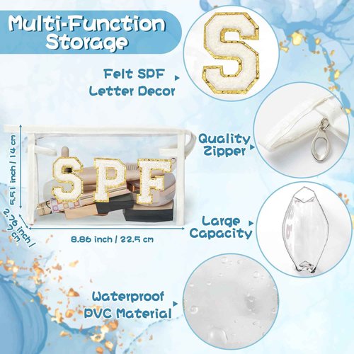 AsodSway Preppy Patch SPF Cosmetic Bag, Christmas Gift SPF Varsity Letter Clear Toiletry Bag Waterproof PVC Cosmetic Case Multi-Function Zippered Pouch Makeup Bag for Beach Pool, Pencil Pouch(White)