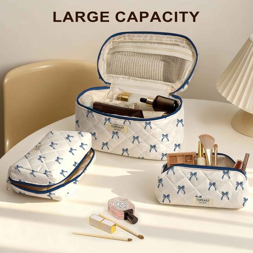TOPEAST Christmas Gifts for Women Girls - 3Pcs Travel Makeup Bag Large Cute Quilted Make Up Bag for Purse, Portable Big Cosmetic Brush Pouch, Blue Bow