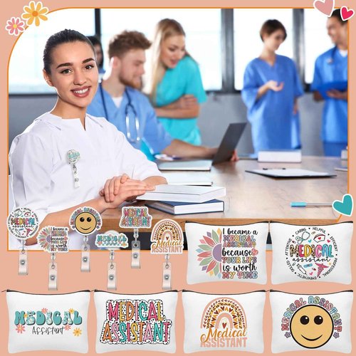 Kacctyen 12 Pcs Christmas Medical Assistants Gifts for Women 6 Boho Makeup Bag 6 Badge Holder Retractable Badge Reels Medical Assistant Appreciation Gift for MA Doctor Nurse Rn Accessories Essentials