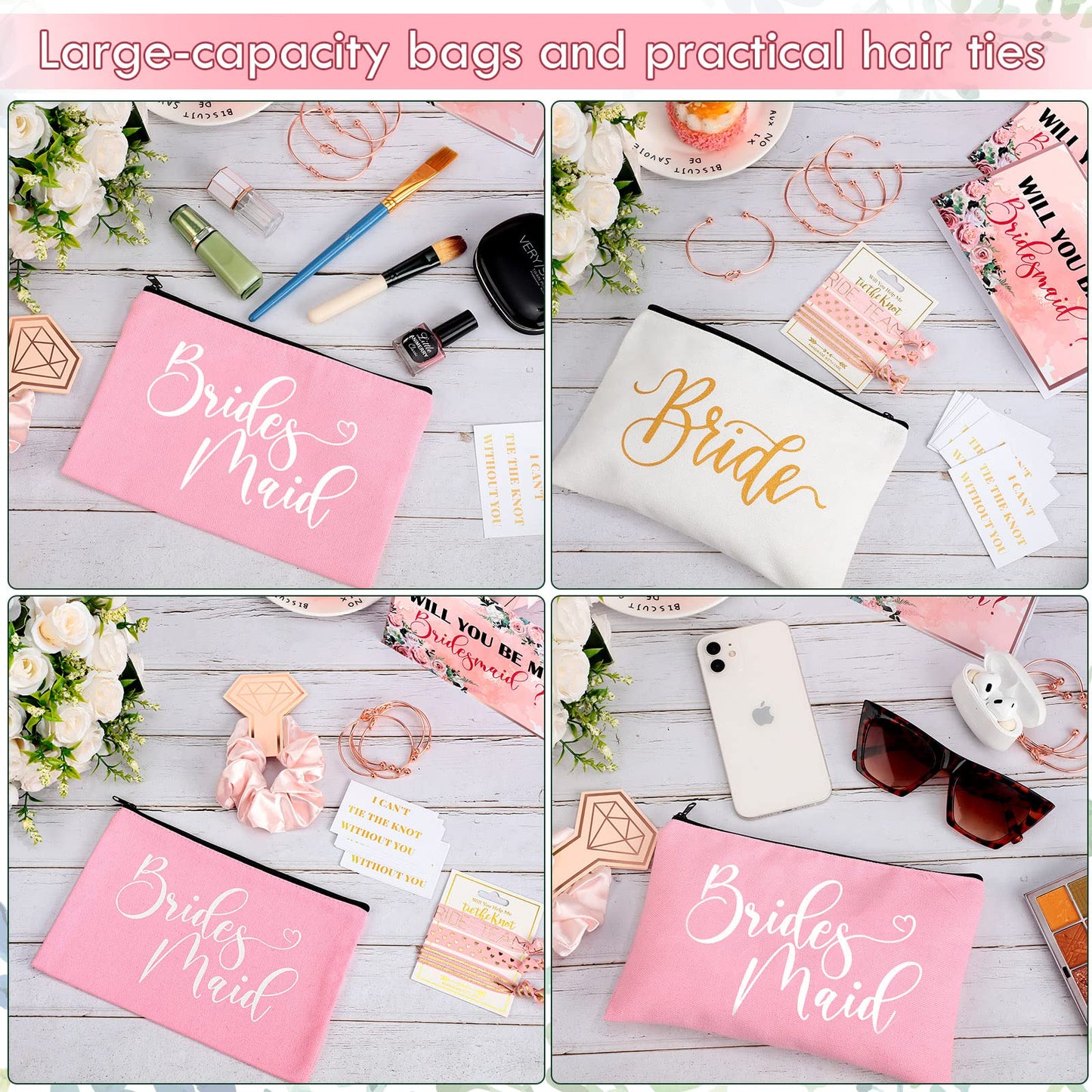 63 Pcs Bridesmaid Proposal Gifts Bulk Maid of Honor Gifts Matron of Honor Gifts Brides Bridesmaid Cosmetic Makeup Bag Hair Knotted Bracelets Invitation Cards for Wedding Bachelorette (Fresh Style)