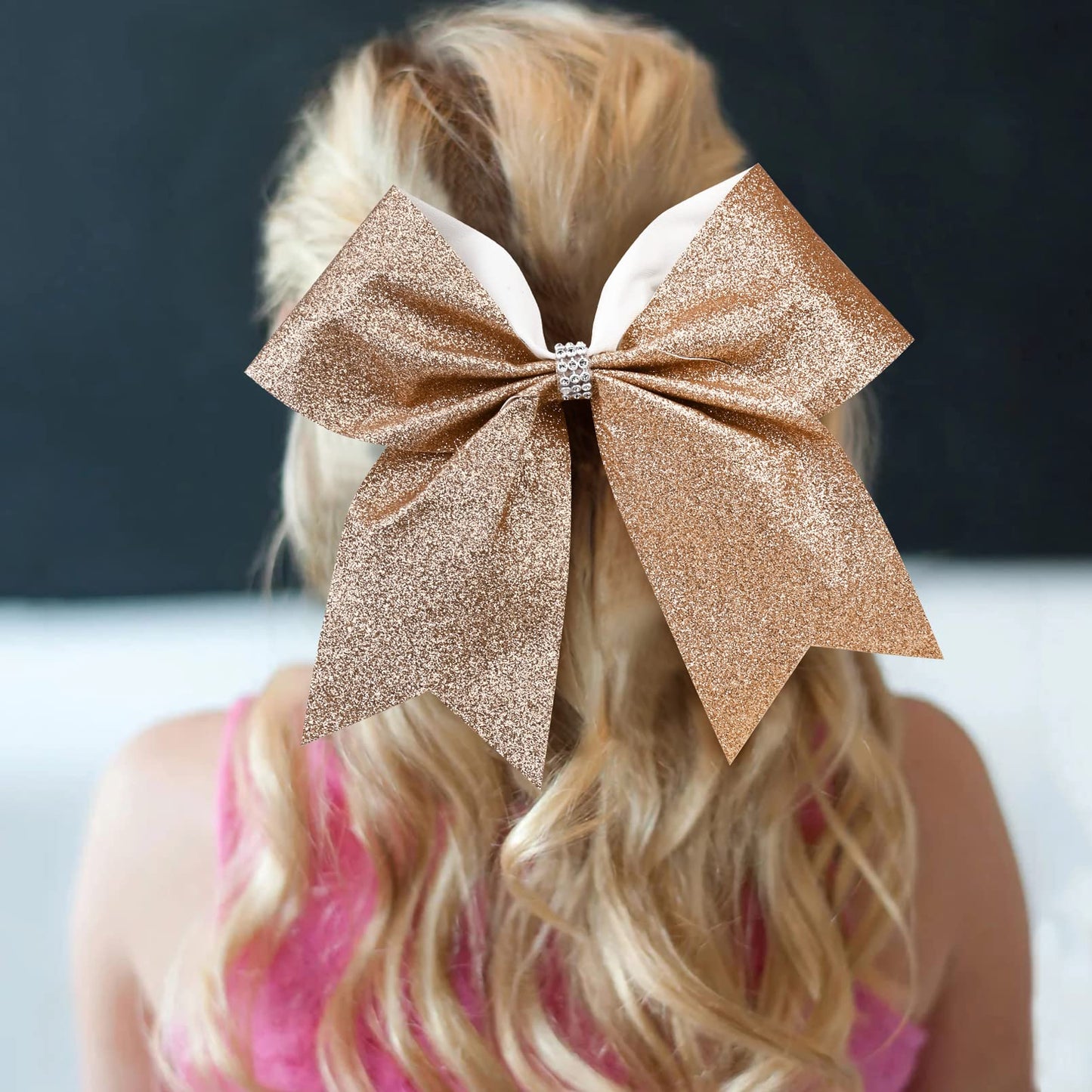 12 PCS Large Glitter Cheer Bows Gold Rhinestones 8" Sparkly Hair Bow Cheerleading Softball Team Bow Hair Accessories for cheerleaders football Competition Sports