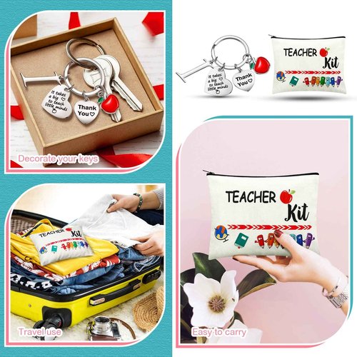MTLEE 2 Pcs Christmas Teacher Appreciation Gift Women Teacher Kit Present Women Makeup Pouch Cosmetic Bag Thank You Keychain (I Shape)
