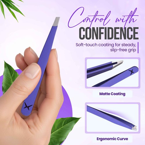 Slanted Stainless Steel Tweezers for Men & Women - Precision Eyebrow Tweezers for Facial Hairs, Strong Grip, Fine Tip, Professional Tweezer for Plucking & Grooming (Purple)