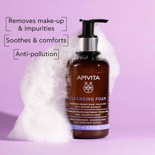 Apivita Cleansing Foam | Hydrating & Soothing Cleansing Creamy Foam for Face & Eyes with Olive, Lavender & Propolis, 200 mL / 6.67 oz