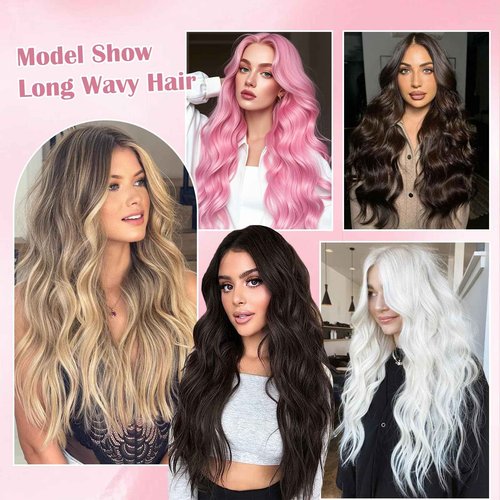 Angzon Long Pink Wavy Wig Middle Part for Women 26 Inch Light Pink Curly Wavy Wigs Natural Looking Synthetic Heat Resistant Fiber Wig for Daily Party Use