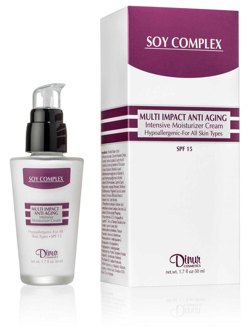 Dinur Cosmetics Soy Complex Multi Impact Anti Aging Moisturizer Cream SPF 15 Reduces Fine Lines & Wrinkles Stress Relief & HYdrates Skin 1.7 oz. 50 ml