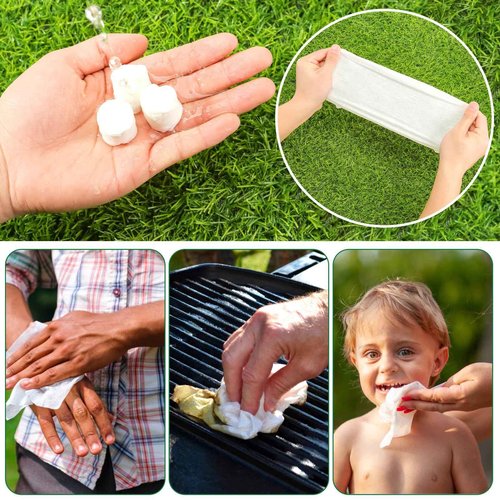 Fancyou Compressed Coin Tissue for Travel 500 Pcs with 4 Carry Cases, Thicken 100% Cotton Disposable Face Cloths, Compact Mini Portable Facial Towel Disposable Washcloth for Camping Home Beauty Office