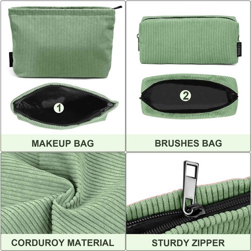 MAGEFY Makeup Bag 2 PCS Corduroy Make up Bag for Purse Travel Cosmetic Bag for Women Small Makeup Pouch Cute Makeup Brush Bag Preppy Stuff Travel Essentials - Green