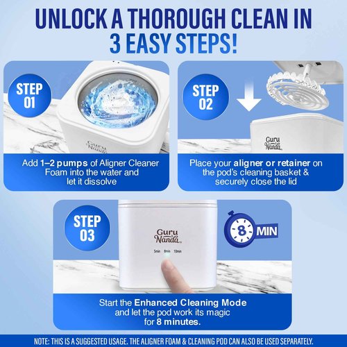 GuruNanda Retainer Cleaner Set – Ultrasonic & UV Cleaning Pod & Aligner Cleaning Foam, Deep Clean & Odor Neutralization for Retainers, Aligners, Dentures & Mouthguards