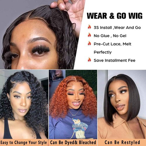 Jewhaut 13x4 Deep Wave HD Lace Front Wigs Human Hair 180% Density Glueless Bob Wigs Human Hair Pre Plucked Short Bob Wigs for Black Women Frontal Wig Human Hair Natural Black Color 12 Inch