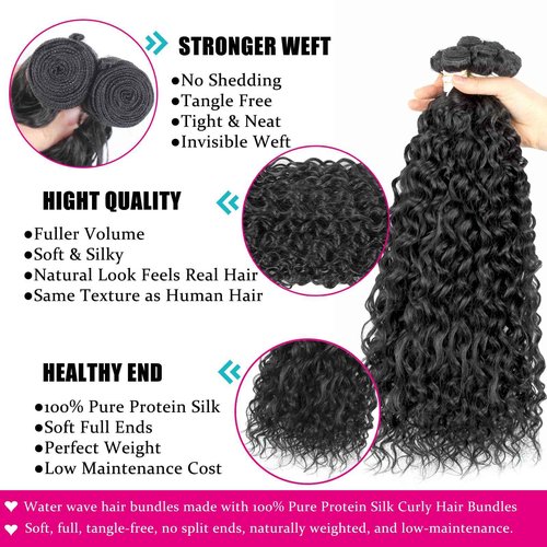 UENOKIPS Water Wave Hair Bundles 100% Pure Protein Silk Curly Bundles 14 16 18 Inch 6 Bundles 270g Soft Natural Look Human Hair Feel Wet and Wavy Hair Extensions Natural Black