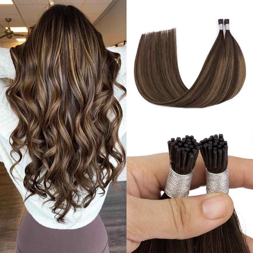 Senmy Itip Hair Extensions Real Human Hair Dark Brown Ombre to Ash Brown Highlight Fushion itips Hair Extensions 18inch Human Hair I Tip Extensions 50g Real Human Hair Extensions
