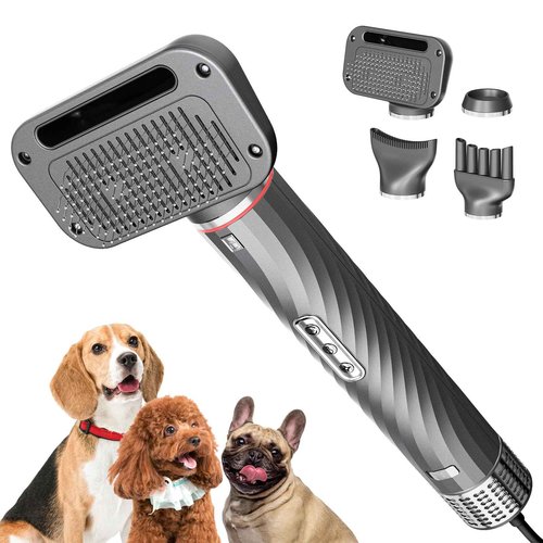 Morlivan Dog Hair Dryer with Slicker Brush, High Velocity Pet Blow Dryer for Grooming, Low Heat Low Noise Dog Grooming Supplies for Home Use, Includes 4 Nozzles for Drying & Brushing, Gray