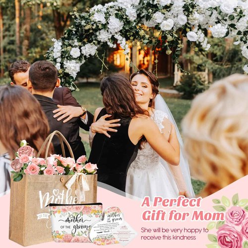 Hushee 2 Set Mother of Bride and Groom Gifts Set Includes Handbag Canvas Makeup Bag Acrylic Heart Decoration Wedding Handkerchief for Mom Mother in Law Bridal (Flower)