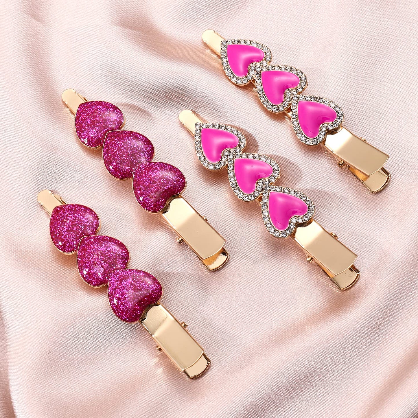 Valentine’s Day Hair Clips Sparkly Rhinestone Enamel Cupid Heart Hairpins for Women Girls Sweet Romantic Triple Love Alligator Clips Barrettes Pretty Styling Hair Accessory Party Gifts (4 packs) (A1:Rosy(rhinestone+glitter))