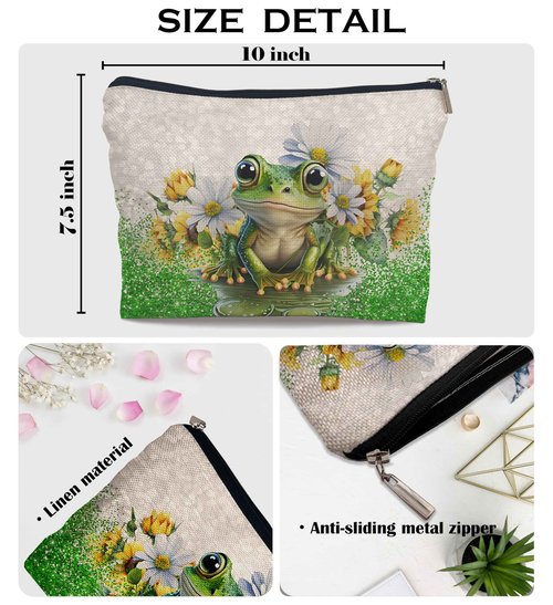 Ayxvt Frog Gifts Makeup Bag - Spring Frog Cosmetic Bags For Women, Daisy Sunflower Floral Makeup Bag, Frogs Gifts For Women, Gifts For Frog Lovers Women, Animal Lover Gift