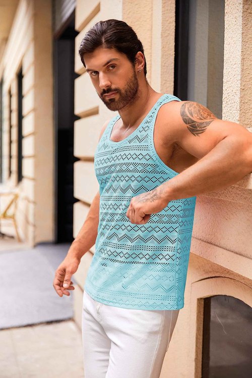 Syktkmx Mens See Through Vest Crewneck Sleeveless Tank Tops Muscle Sexy Mesh Shirts