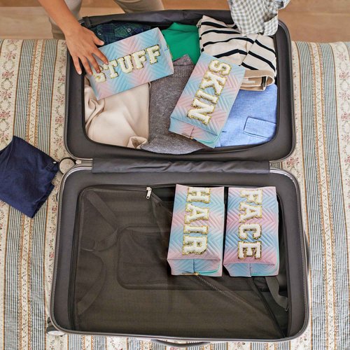 Y1tvei 4Pcs Preppy Patch Hair Skin Face Stuff Blue Pink Gradient Makeup Bag Set Chenille Letter Pouch Cute Patch Fantasy Cosmetic Bag Waterproof Travel Toiletry Bag Carry On Zipper Organizer for Women