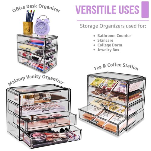 Sorbus Makeup Organizer - 4 Drawer Acrylic Make Up Organizers and Storage for Cosmetics, Jewelry, Beauty Supplies, Clear Makeup Organizer for Vanity, Girl's Room, College Dorm, Counter, Bathroom Sinks