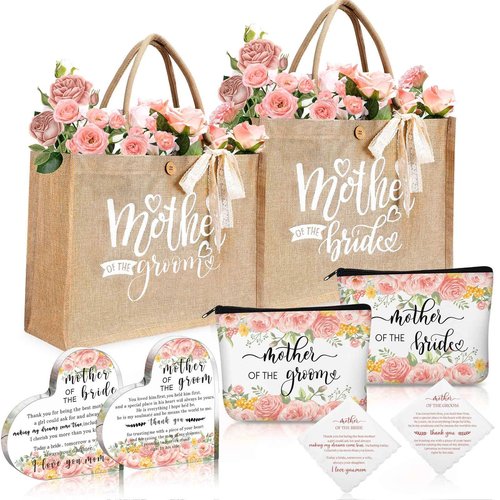 Hushee 2 Set Mother of Bride and Groom Gifts Set Includes Handbag Canvas Makeup Bag Acrylic Heart Decoration Wedding Handkerchief for Mom Mother in Law Bridal (Flower)
