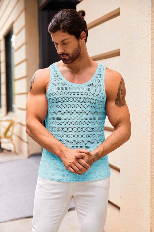 Syktkmx Mens See Through Vest Crewneck Sleeveless Tank Tops Muscle Sexy Mesh Shirts