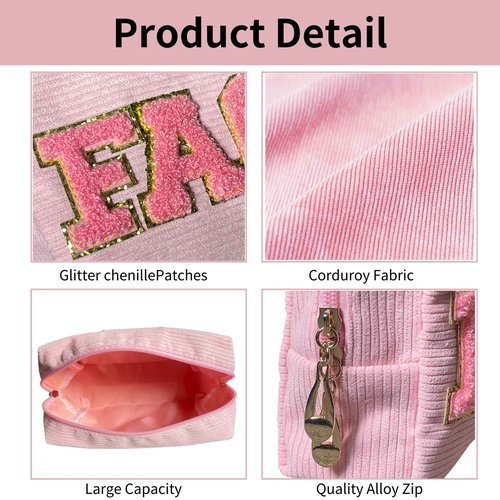SEAMOON Pink Cosmetic Bags - 2 Pcs Corduroy Chenille Pink Letter Bag, Make Up Bag for Teens & Women, Ideal for Travel & Gifts