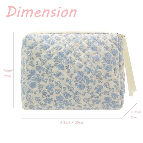 PAZIMIIK Quilted Makeup Bag Large Travel Zipper Soft Cosmetic Pouch for Women Girls Make Up,Little Flower Blue