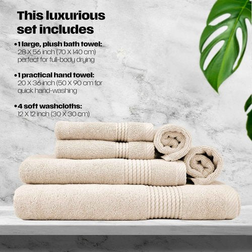 EastNBlue Lara Premium Bath Towel Set 6 Piece - Soft & Highly Absorbent Bathroom Towel Set, 100% Luxury Turkish Cotton, Flannel Bath Towels, 1 Bath Towel, 1 Hand Towel, 4 Washcloths - Beige