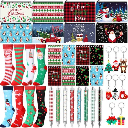 Dansydaisy 32 Pcs Christmas Gifts Set Christmas Makeup Bags Bulk Santa Socks Holiday to Do List Notepad Snowman Ballpoint Pens Keychain Xmas Party Winter Gifts