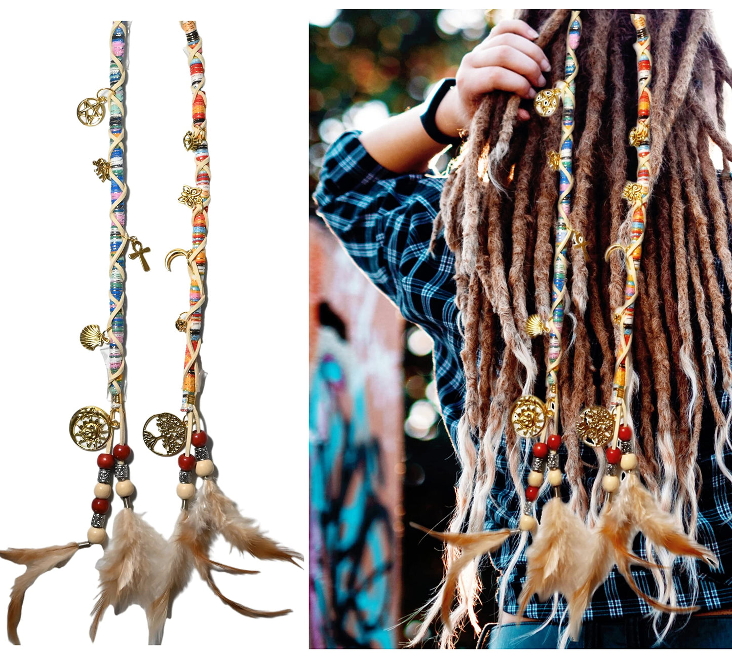 Nutty Natte 2 PCS Hippie Hair Extension Dreadlocks Hairclip Feather Beads Pendant Dread Wrap Hair Fall Hair Wrap Colorful Accessories for Dreads Braids Curls